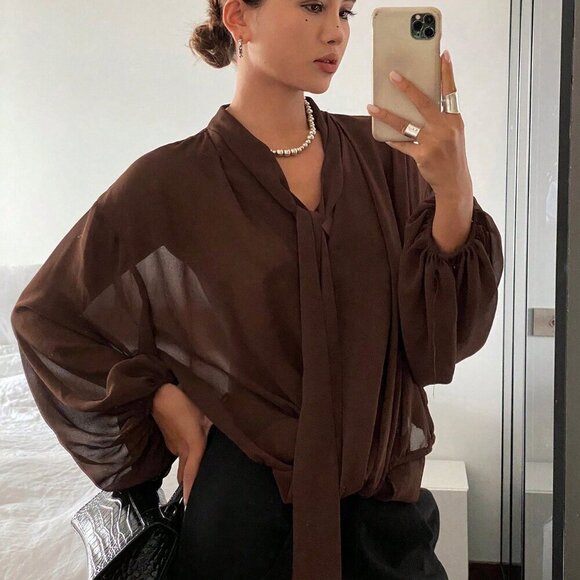 Brown Casual Women's Loose Long Sleeve Tie Shirt Blouse - Picture 5 of 10